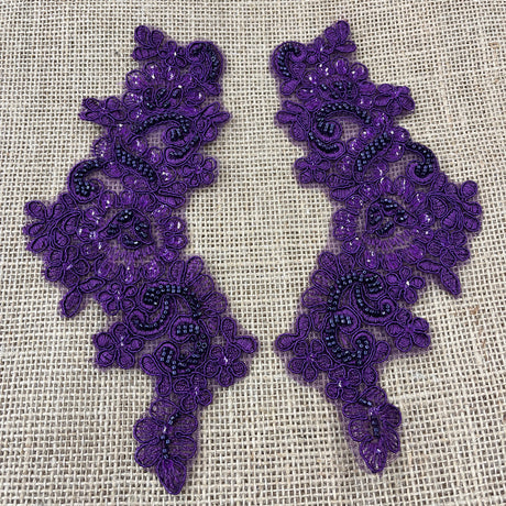 1 Pair 9" x 3" Each Side Beaded & Corded Floral Lace Applique Organza