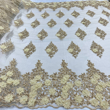 1 Yard Beaded 3D Floral Lace Fabric Embroidered on Polyester Net Mesh 52 inch Width