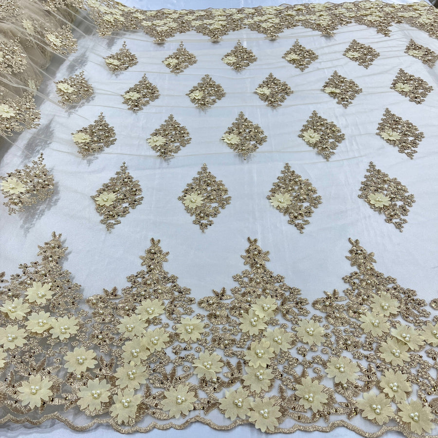 1 Yard - Beaded 3D Floral Lace Fabric Embroidered on 100% Polyester Net Mesh - 52" Wide