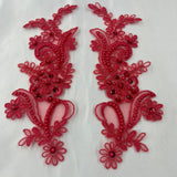 1 Pair Beaded & Corded Floral Lace Applique 9" x 2.5" Each Side