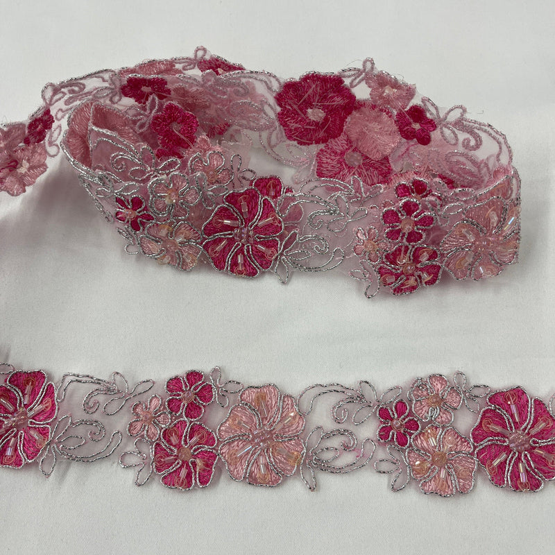 1 Yard Beaded & Corded Lace Trimming Embroidered on 100% Polyester Organza 1.5" Wide