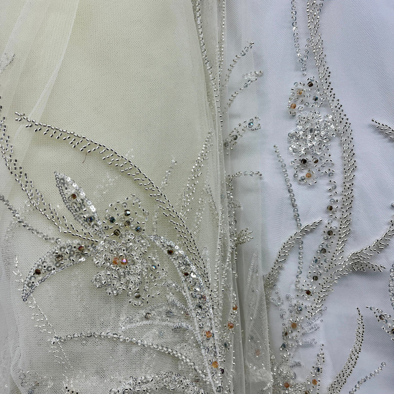 1 Yard Beaded Lace Fabric on 100% Polyester Net Mesh, Elegant Embroidered Textile