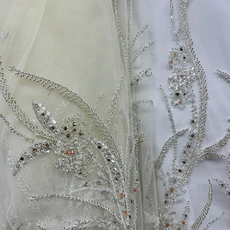 Beaded Lace Fabric on Polyester Net Mesh