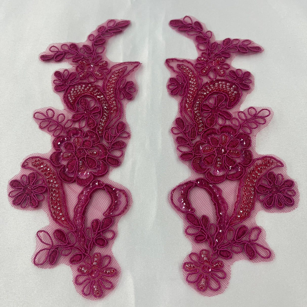 Beaded Corded Floral Lace Applique Pair