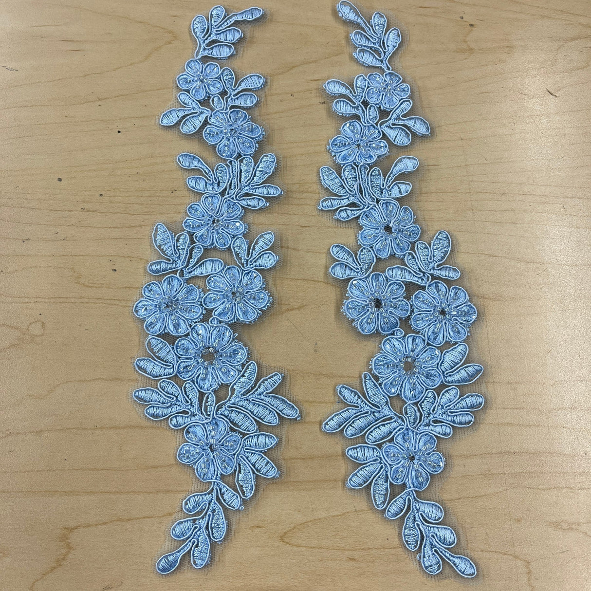 1 Pair 9.5" x 2" Each Side Beaded & Corded Floral Lace Applique Embroidered on 100% Polyester Net Mesh