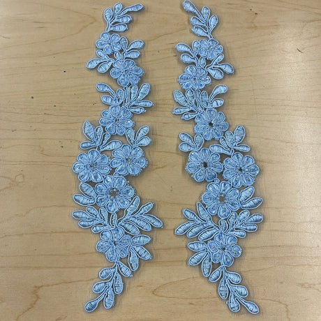 1 Pair 9.5" x 2" Each Side Beaded & Corded Floral Lace Applique Embroidered on 100% Polyester Net Mesh