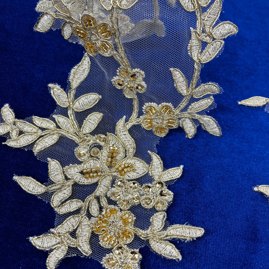 1 Pair 17" x 4.5" Beaded & Corded Floral Lace Applique 100% Polyester Net Mesh