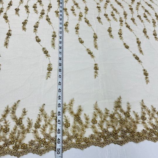 1 Yard Silver Beaded Lace Fabric Embroidered on Polyester Net Mesh Floral Sequin Design 50 Inch Width