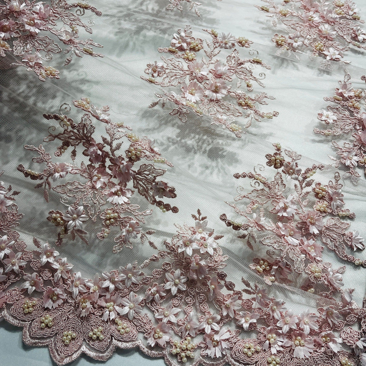 Beaded 3D Floral Lace Fabric - 3D Floral Beaded Embroidery, 50" Wide (1 Yard)