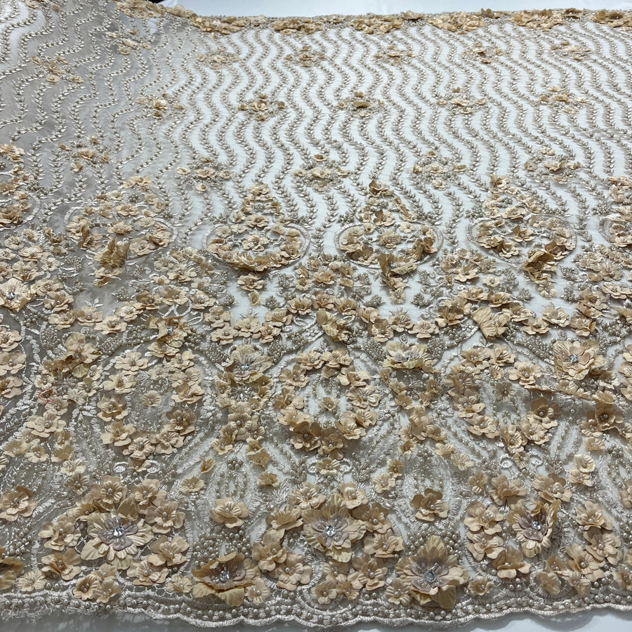 1 Yard Beaded 3D Floral Lace Fabric Embroidered on 100% Polyester Net Mesh | Lace USA - GD-363 - Ivory - 48" Width