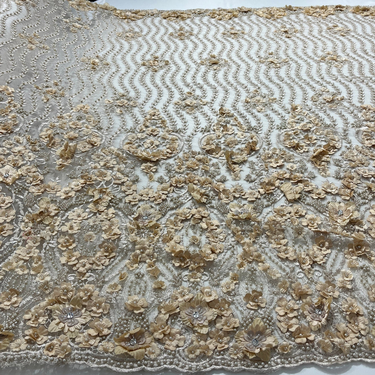 1 Yard Black Beaded 3D Floral Lace Fabric, Embroidered Mesh on Polyester, 48" Wide