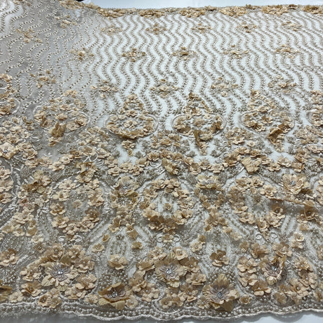 1 Yard Black Beaded 3D Floral Lace Fabric, Embroidered Mesh on Polyester, 48" Wide