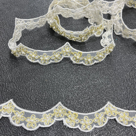 Beaded And Corded Lace Trimming 100 Percent Polyester Fabric - Antique Silver, Lilac, White With Gold, Hunter Green, White With Silver, Navy Blue, Emerald Green, Plum, 1" Wide (1 Yard)