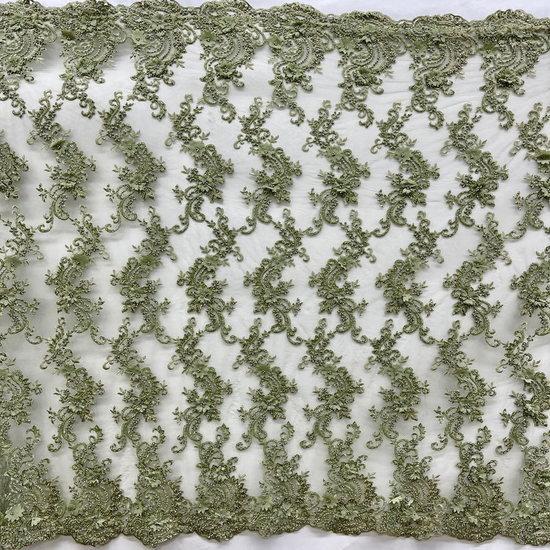 1 Yard Sage 3D Beaded Floral Embroidered Lace Fabric on Polyester Mesh, 52” Wide