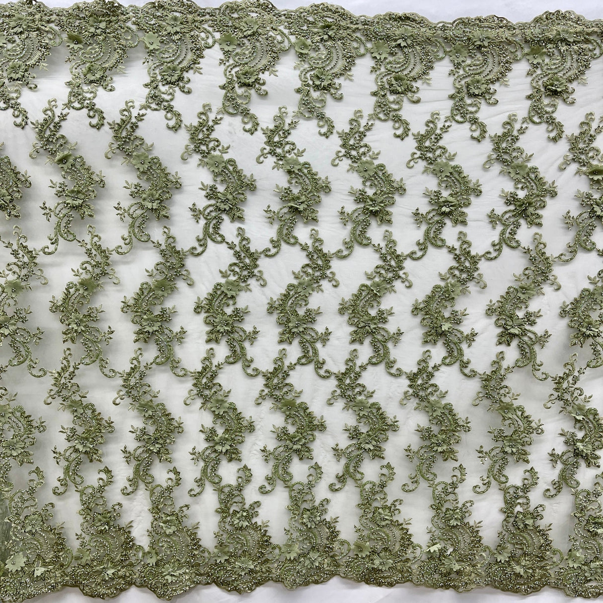 1 Yard Sage 3D Beaded Floral Embroidered Lace Fabric on Polyester Mesh, 52” Wide