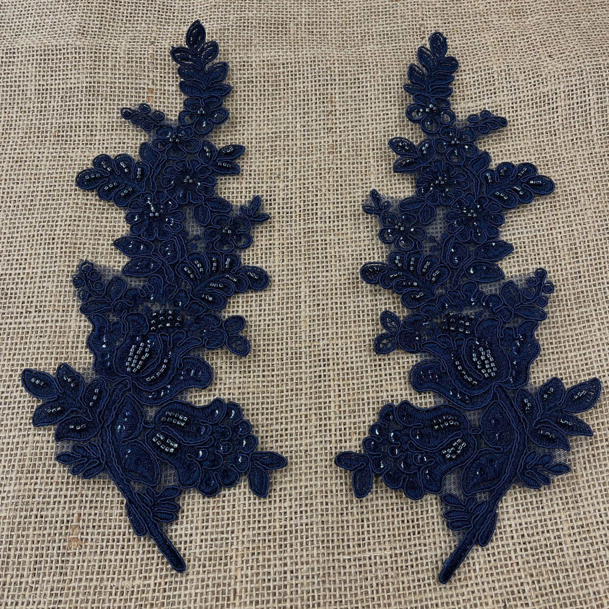 Beaded Corded Floral Lace Applique 100 Percent Polyester Fabric - Embroidered Net Mesh, 12" X 3.5" Each Side (1 Pair)