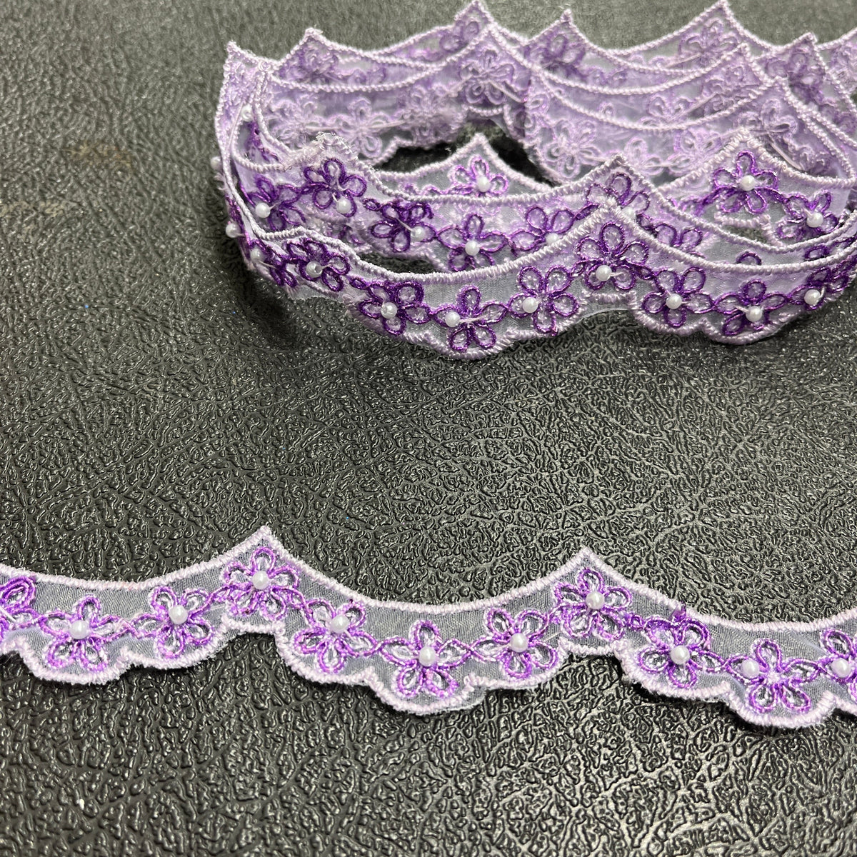 1 Yard Beaded & Corded Lace Trimming Embroidered on 100% Polyester Net Mesh 1" Wide