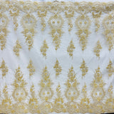 1 Yard Beaded and Corded Bridal Lace Fabric Embroidered on Polyester Net Mesh White and Ivory