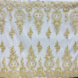 1 Yard Gold Beaded Corded Bridal Lace Fabric Embroidered on Polyester Net Mesh 54 Inch Width