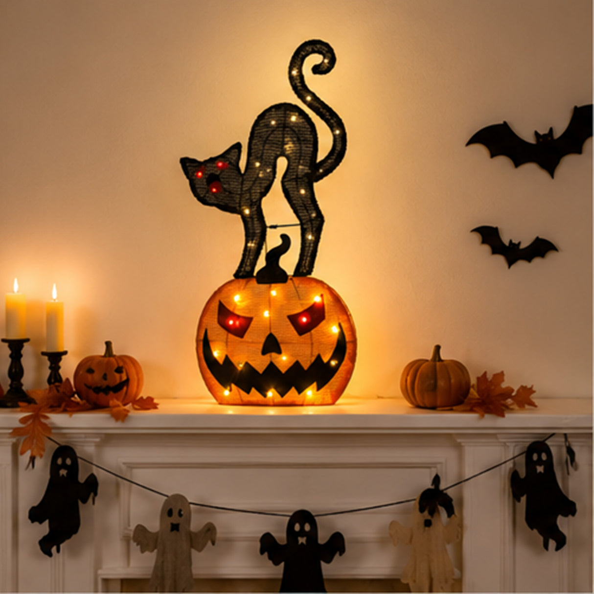 30 Inch Pumpkin Black Cat Halloween Yard Decoration