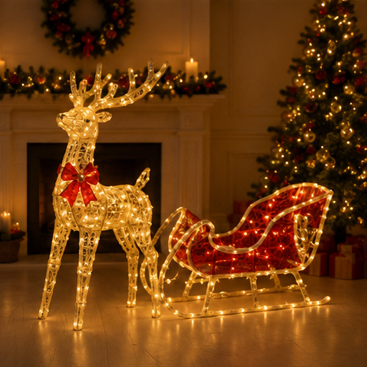 Lighted Reindeer Sleigh Christmas Yard Decoration