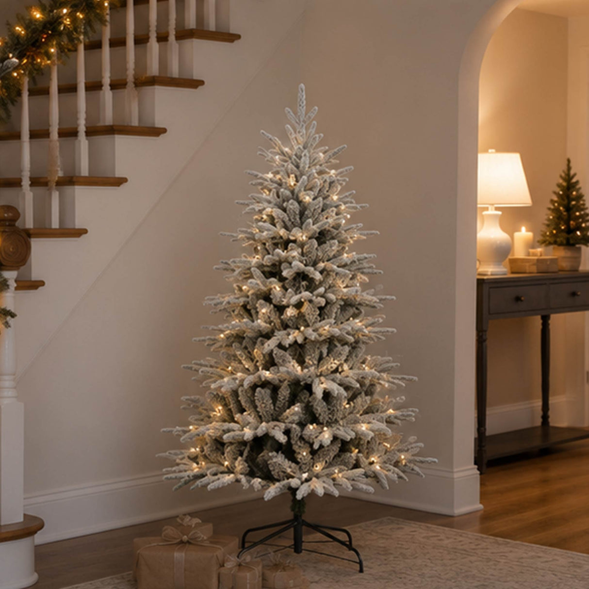 4.5FT Pre Lit Flocked Christmas Tree Warm White LED