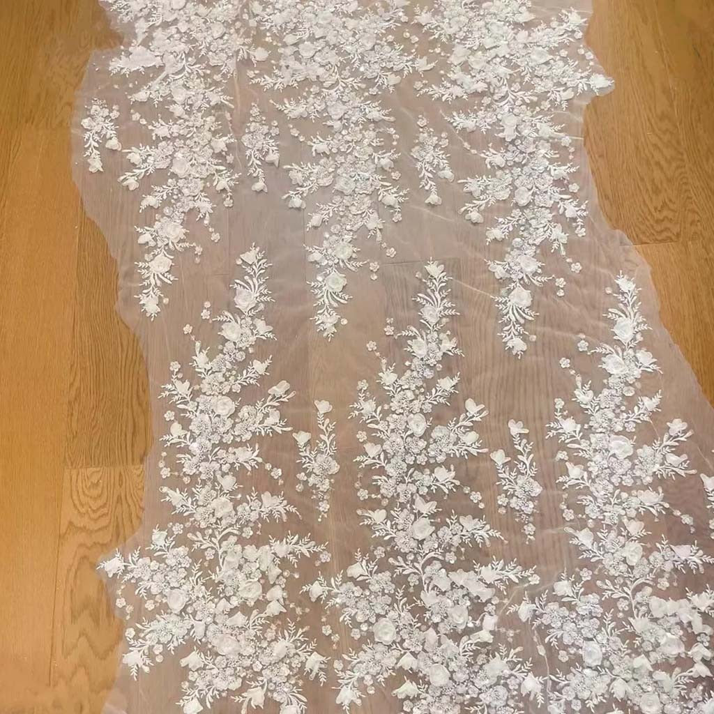 -White 3D Chiffon Flowers Beaded Sequins Embroidered Lace Fabric . Wedding Dress Shining Bride Fabric RS250481