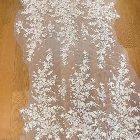 -White 3D Chiffon Flowers Beaded Sequins Embroidered Lace Fabric . Wedding Dress Shining Bride Fabric RS250481