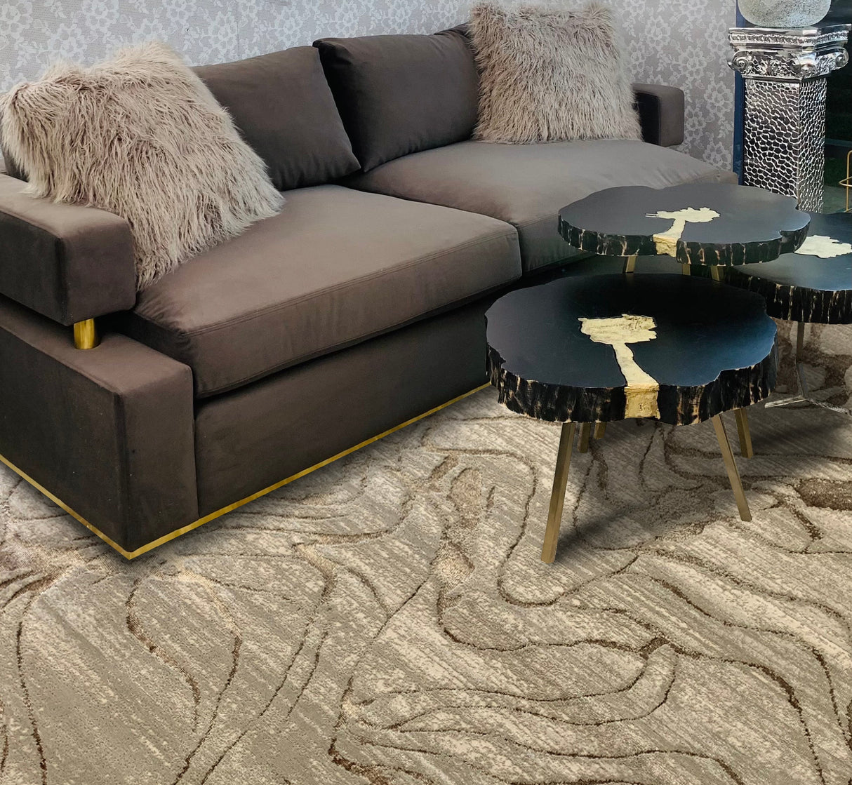 Maximus 233 Polyester Viscose Blend Fabric - Earth Tones Abstract Design, Color-Changing Flat Weave, Beige Platinum Viscose, 7'6" X 10'3" (1 Rug)