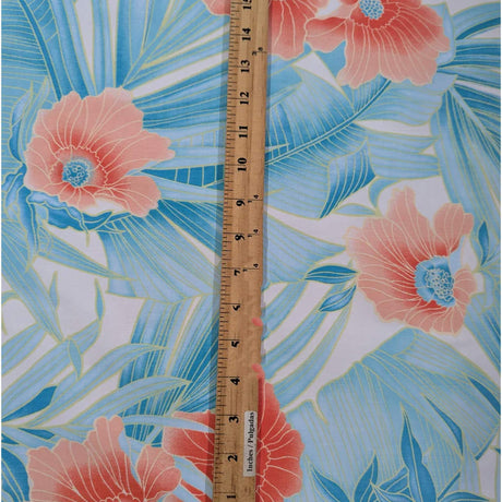 Coral Flower Print Cotton Spandex Fabric - Coral/Turquoise/Aqua Floral, 44/45" Width (1 Yard)