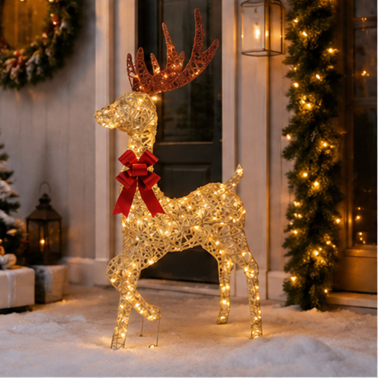 48 Inch Champagne Wicker Reindeer Warm White LED Decor