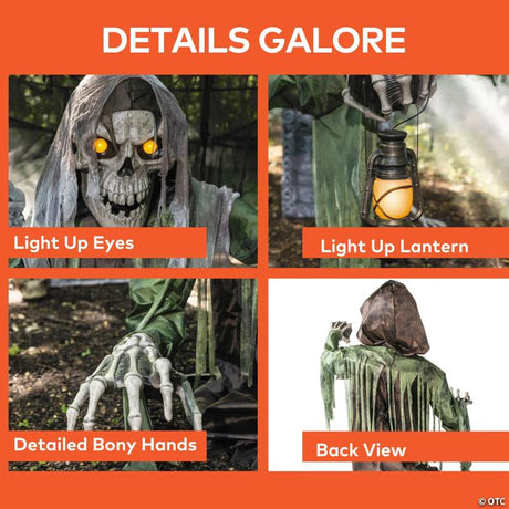 RADYAN Animated Light-Up Corroded Skeleton Reaper with Lantern Halloween Decor shown in a clear product image