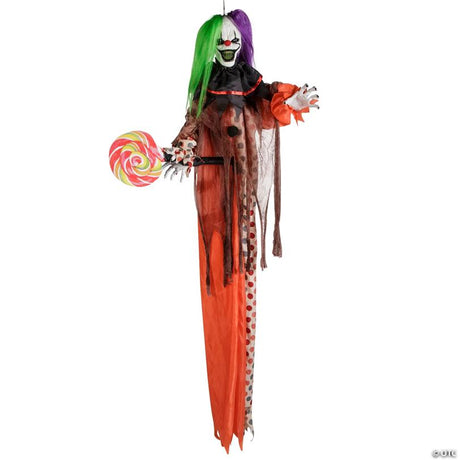 RADYAN Hanging Animated Clown Halloween Decoration with Light-Up Glowing Eyes shown in a clear product image