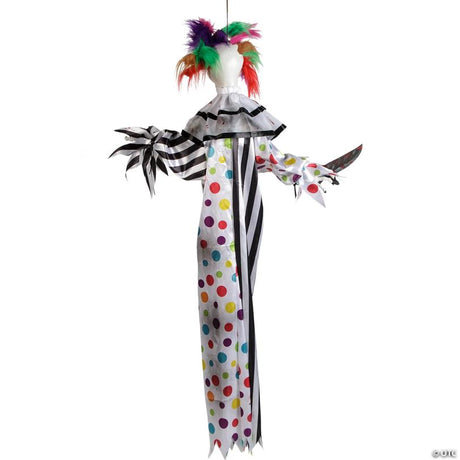 Animated Hanging Clown Halloween Decoration with Glowing Eyes and Wild Hair, for spooky Halloween party and home decor