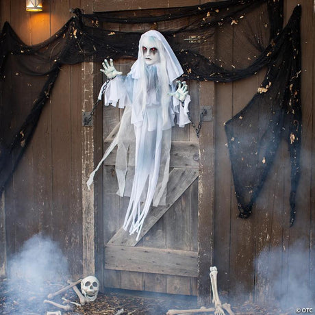 Hanging Ghostly Girl Animated Halloween Prop with Sound and Light, hangs on a porch or door for spooky Halloween display