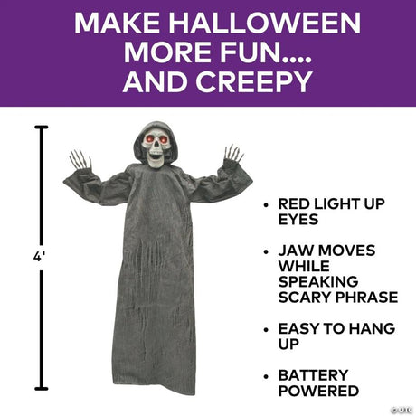 RADYAN Hanging Skeleton Reaper Halloween Decoration with Hooded Robe Design shown in a clear product image