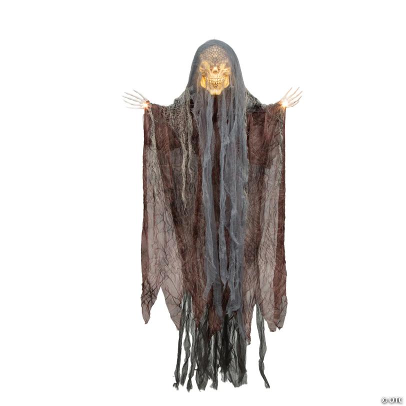 4 Ft. Hanging Orange Light-Up Skeleton Face Reaper Halloween Decoration