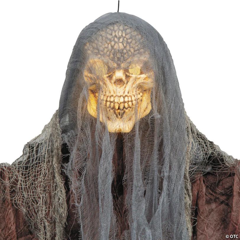 4 Ft. Hanging Orange Light-Up Skeleton Face Reaper Halloween Decoration