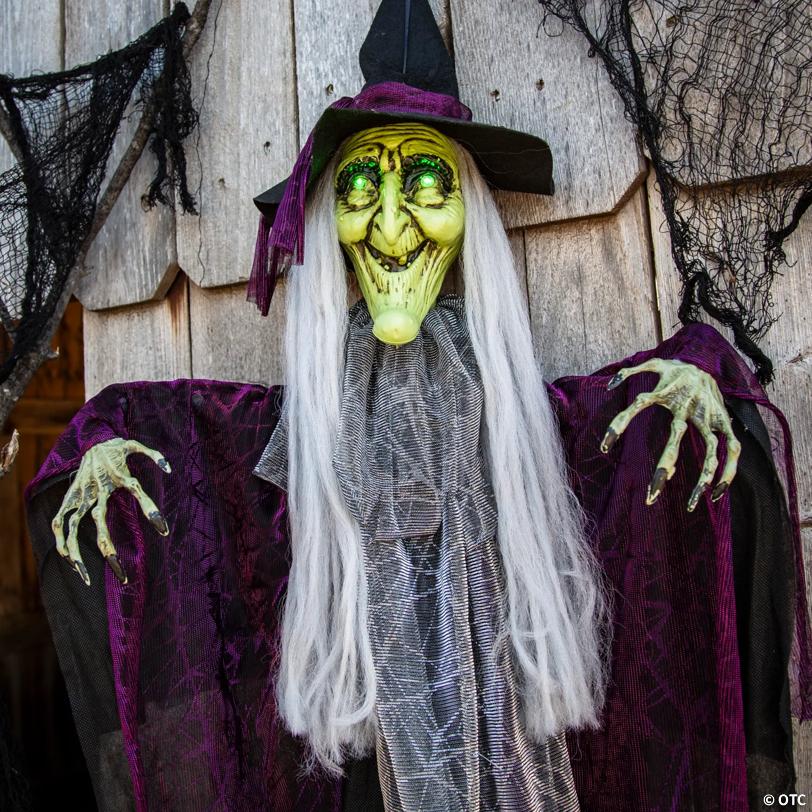4 Ft. Hanging Witch with Green Eyes Animated Prop Halloween Decoration