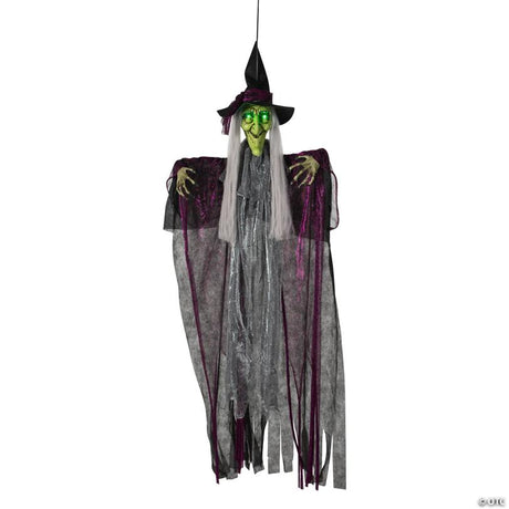 Hanging Animated Witch Halloween Yard Prop with Glowing Eyes, hangs on a porch or door for spooky Halloween display