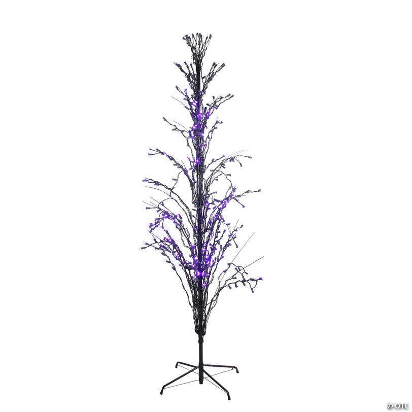 4' Pre-Lit Black Cascade Outdoor Halloween Twig Tree Purple Lights