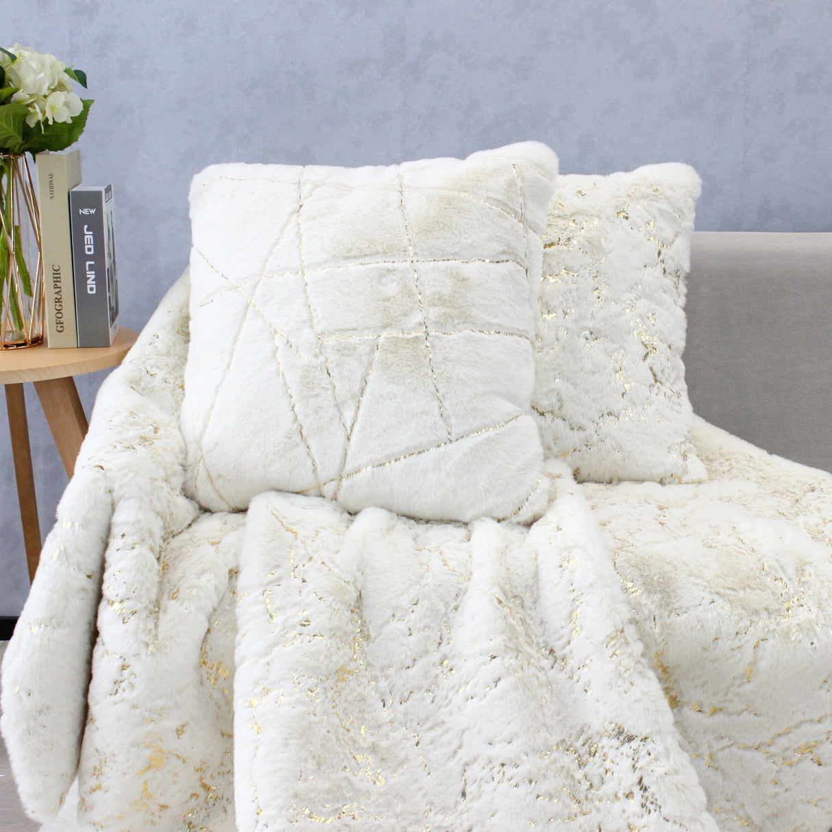 Golden Faux Fur Glow Fluffy Pillow Polyester Fabric - Black Moon With Gold Foil, 20" X 20" (1 Pillow)