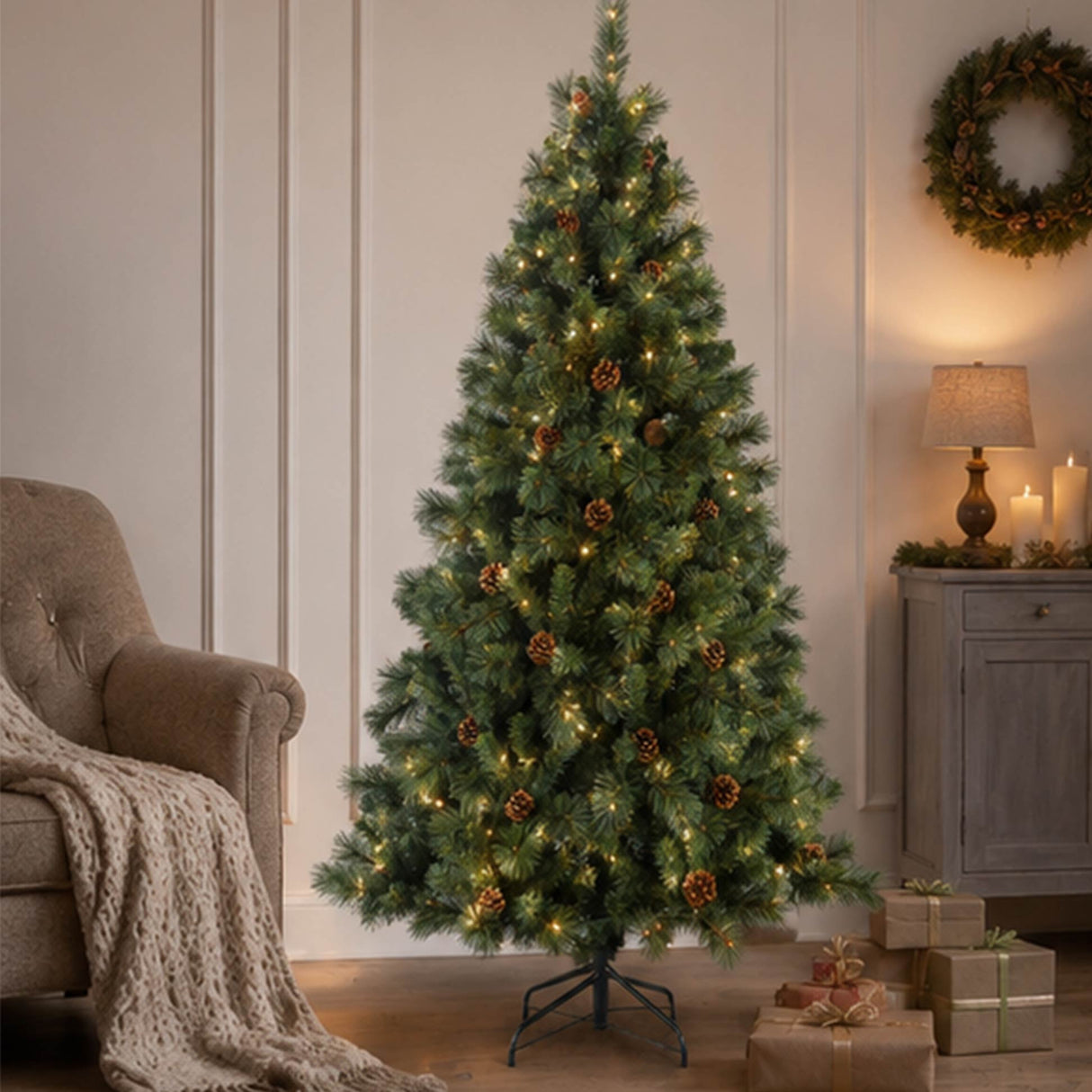 6FT Pre Lit Christmas Tree with Pinecones Warm White