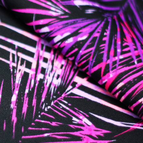 Electric Tropics Nylon Spandex Fabric - Tropical Palm Leaf Print, Multi, Orange-Red, Green-Blue, Pink-Purple, 58-60" Width (1 Yard)