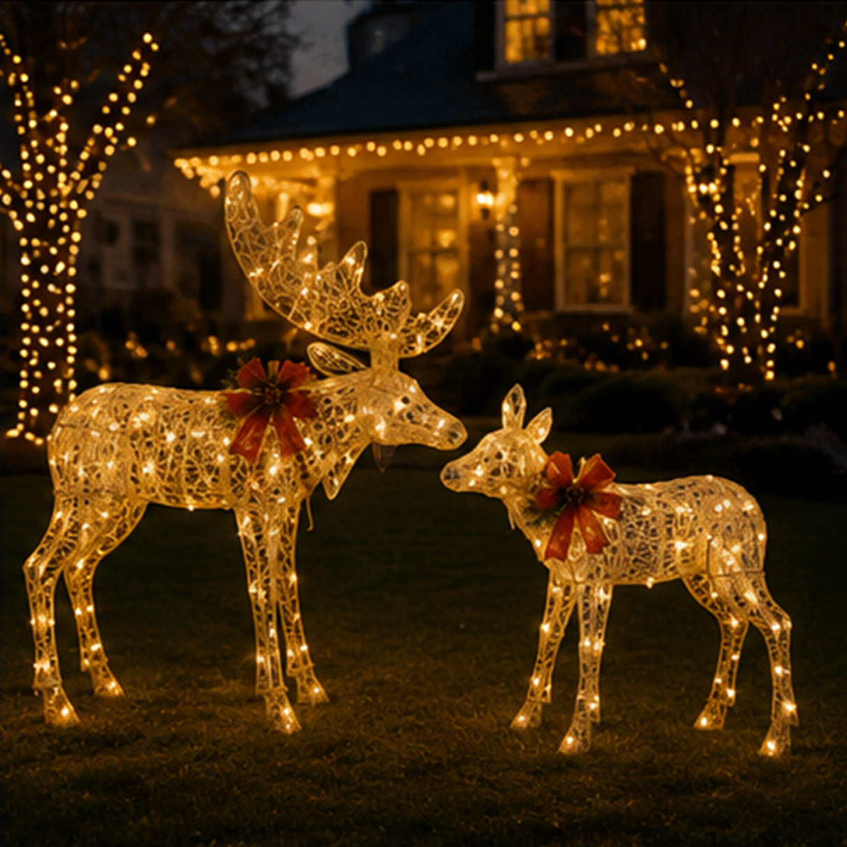 Lighted Elk Christmas Yard Decoration Set, Warm LED