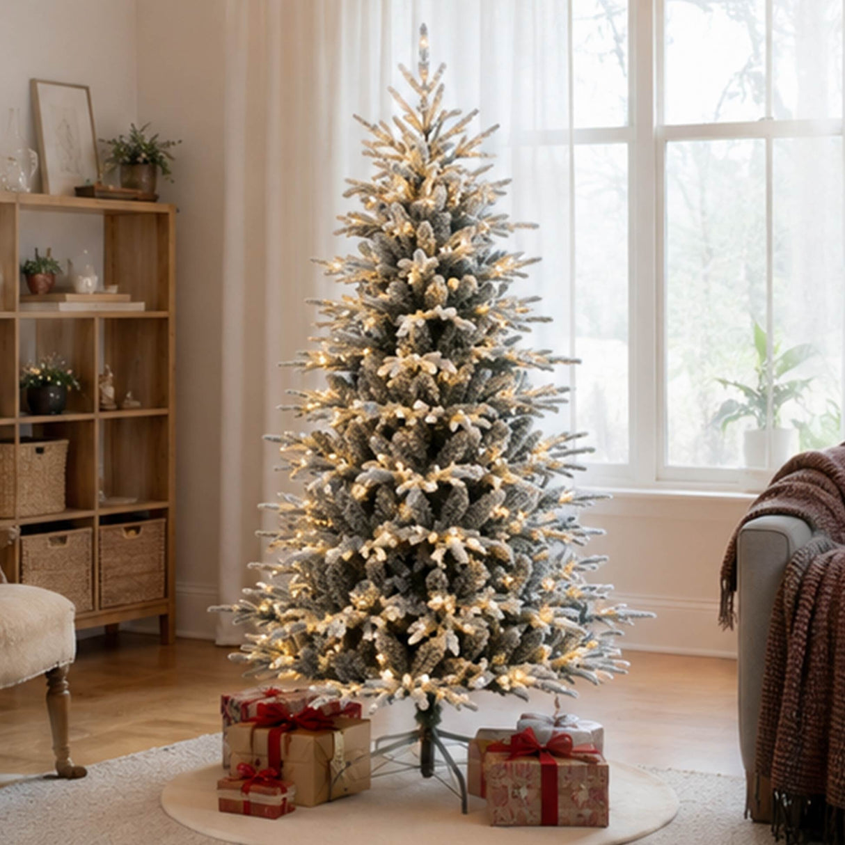6FT Pre Lit Flocked Christmas Tree Warm White LED