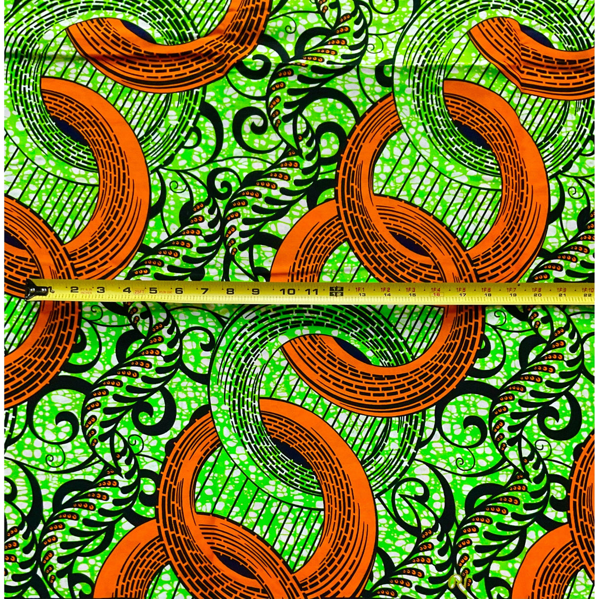African Print Ankara Cotton Fabric - Orange, Green, Black Nuhu, 46" Width (Per Yard)