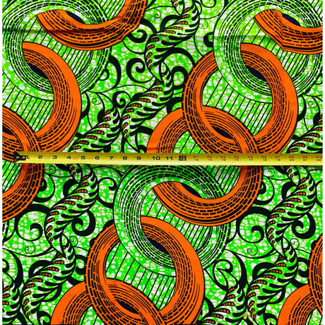 African Print Ankara Cotton Fabric - Orange, Green, Black Nuhu, 46" Width (Per Yard)