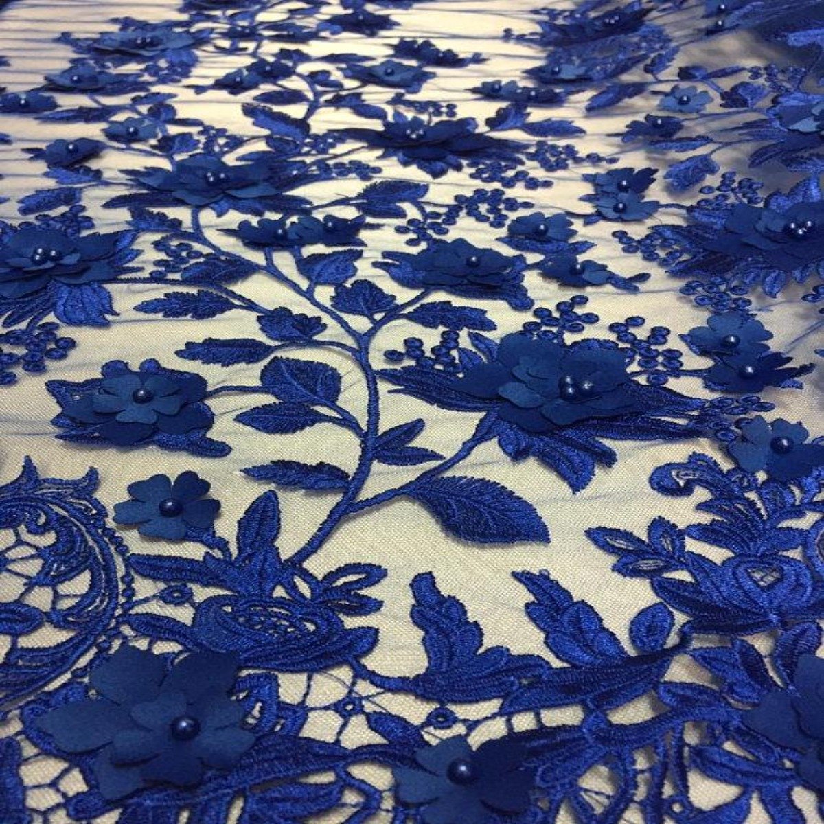 3D Embroidered Satin Floral Pearl Lace Fabric - 100 Percent Polyester Fabric, Floral Pearl Embroidery, 52" Width, 12" Panel (1 Yard)