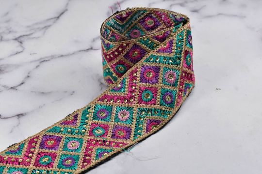 Embroidered Trim Multi-Color Beaded 2.25"